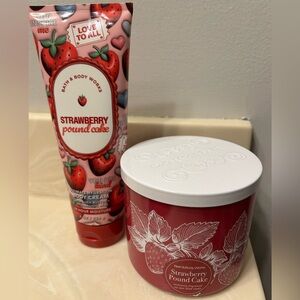 Bath & Body Works Strawberry Pound Cake Body Cream and 3 wick Candle